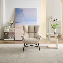 The Langford Accent Chair in Beige, Green & Rust Orange features chenille fabric, high back pillow style and black metal legs, an ideal addition to any room