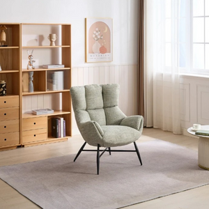 The Langford Accent Chair in Beige, Green & Rust Orange features chenille fabric, high back pillow style and black metal legs, an ideal addition to any room