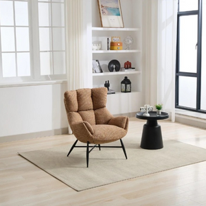 The Langford Accent Chair in Beige, Green & Rust Orange features chenille fabric, high back pillow style and black metal legs, an ideal addition to any room