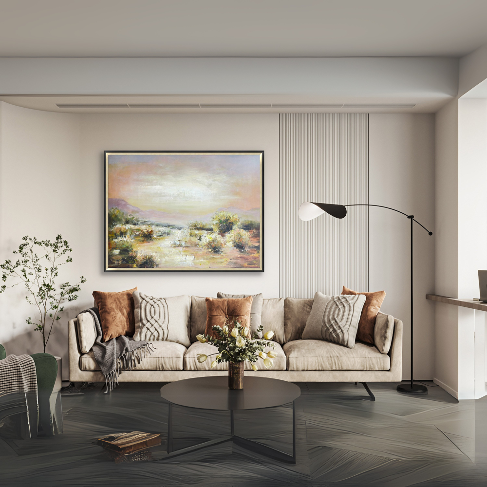 A calm & sophisticated focal point is created by the Lazy Sunset Hand Painted Art, which has a textured finish, warm earthy tones with a gold & black frame.