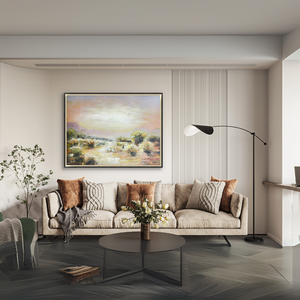A calm & sophisticated focal point is created by the Lazy Sunset Hand Painted Art, which has a textured finish, warm earthy tones with a gold & black frame.