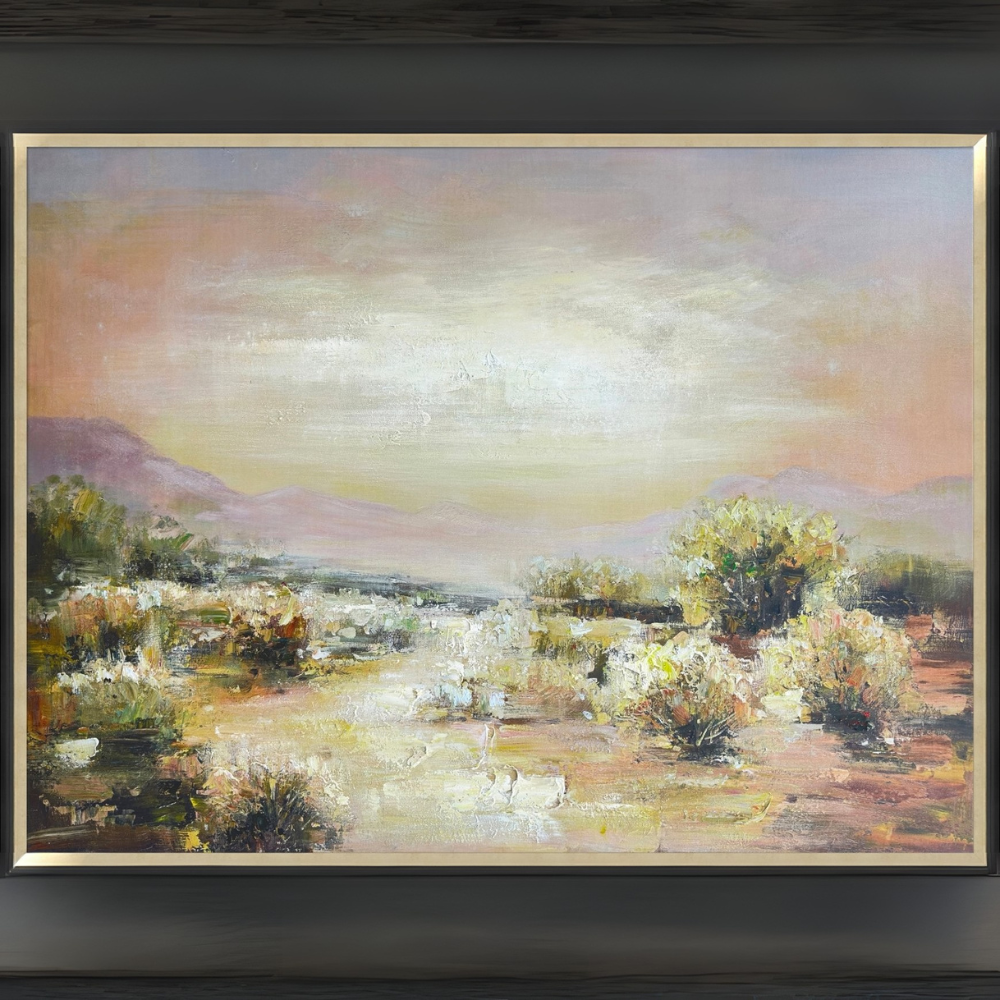 A calm & sophisticated focal point is created by the Lazy Sunset Hand Painted Art, which has a textured finish, warm earthy tones with a gold & black frame.