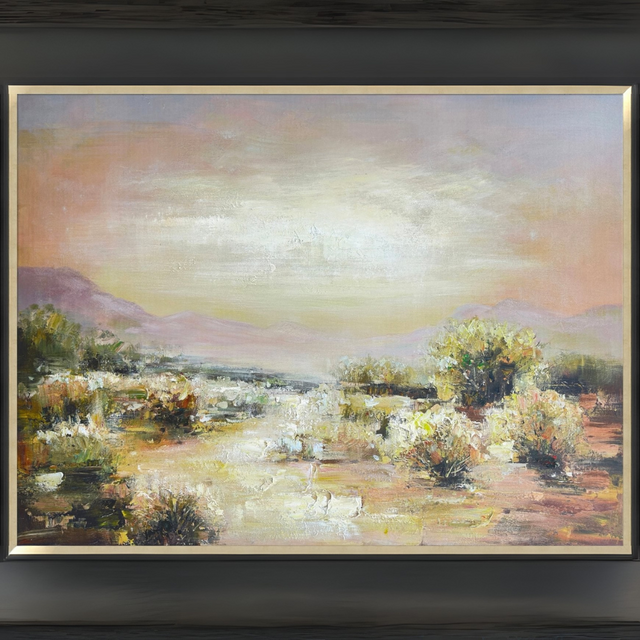 A calm & sophisticated focal point is created by the Lazy Sunset Hand Painted Art, which has a textured finish, warm earthy tones with a gold & black frame.