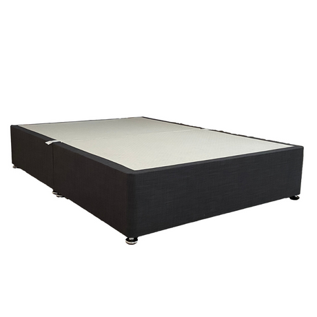 The Leaba Divan Base in Charcoal features a reinforced frame, chrome gliders and stylish fabric for lasting comfort and sleek bedroom appeal