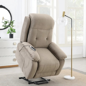 The Leona Lift & Rise Massage Chair in Light Grey & Tan features premium leather with motion recline, wireless charging and smooth mobility support