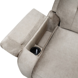 The Leona Lift & Rise Massage Chair in Light Grey & Tan features premium leather with motion recline, wireless charging and smooth mobility support