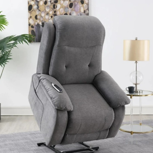 The Leona Lift & Rise Massage Chair in Light Grey & Tan features premium leather with motion recline, wireless charging and smooth mobility support