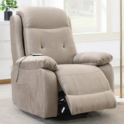 The Leona Lift & Rise Massage Chair in Light Grey & Tan features premium leather with motion recline, wireless charging and smooth mobility support