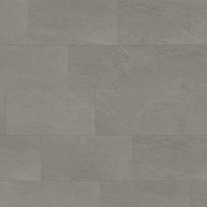 Gray stone-look rectangular spc flooring arranged in a staggered brick pattern, showing subtle natural veining and a matte finish.