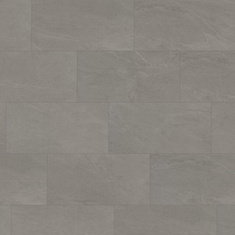 Gray stone-look rectangular spc flooring arranged in a staggered brick pattern, showing subtle natural veining and a matte finish.