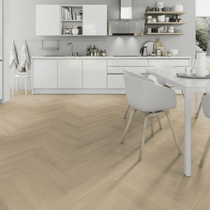 The Linen Oak Herringbone SPC Flooring - 4mm, classic design, AC5 durability, 100% waterproof, underfloor heating compatible