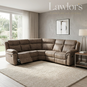Brown sectional recliner corner sofa in a living room