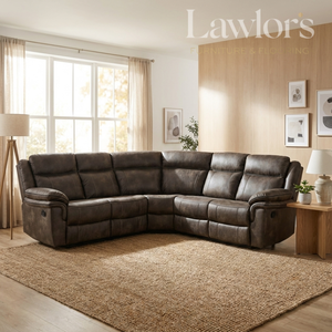 Grey leather sectional recliner corner sofa in a living room