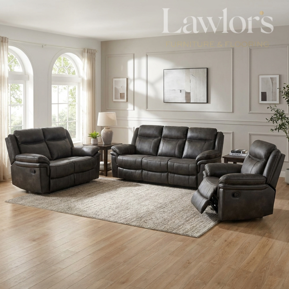 Grey leather 3+2+1 reclining sofa set in a living room