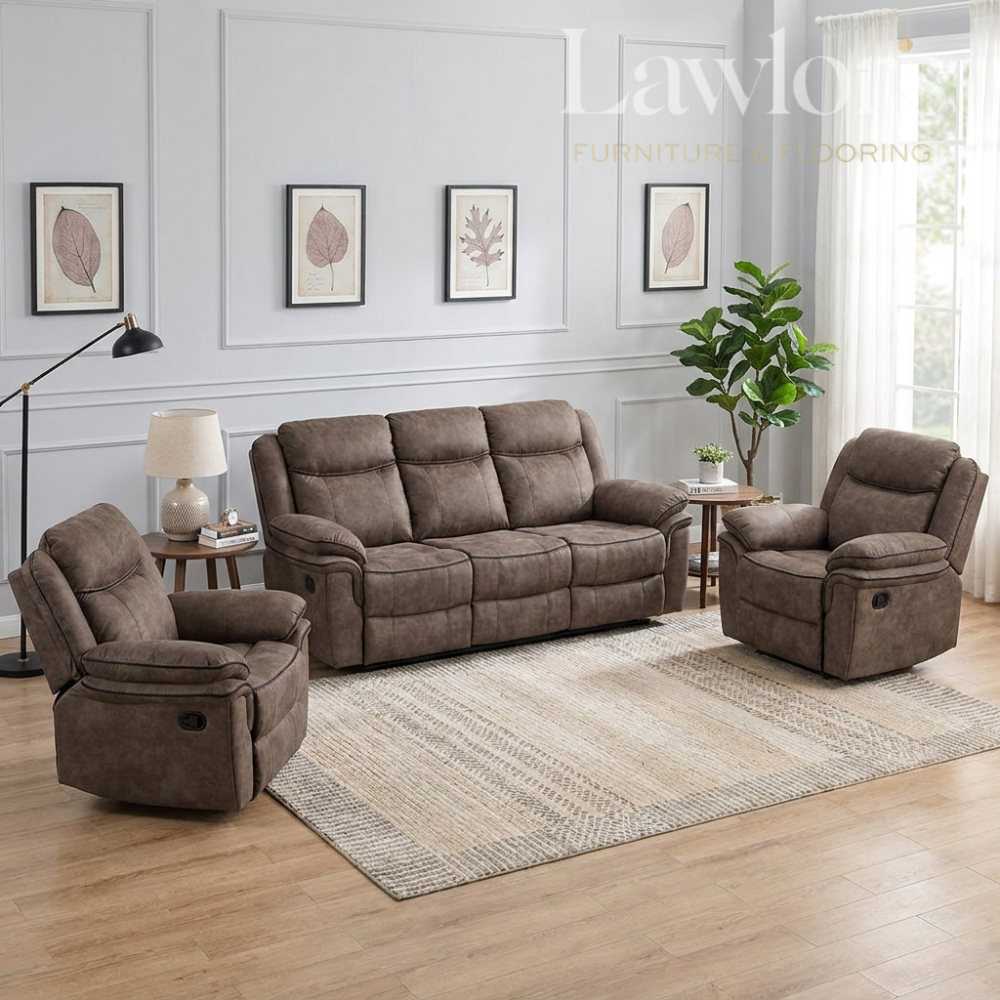 Brown 3+1+1 recliner sofa set in a living room