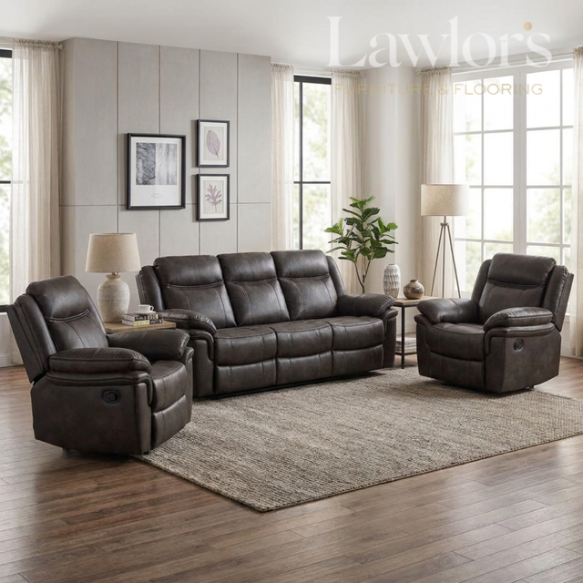 Grey leather reclining 3+1+1 sofa set in a living room