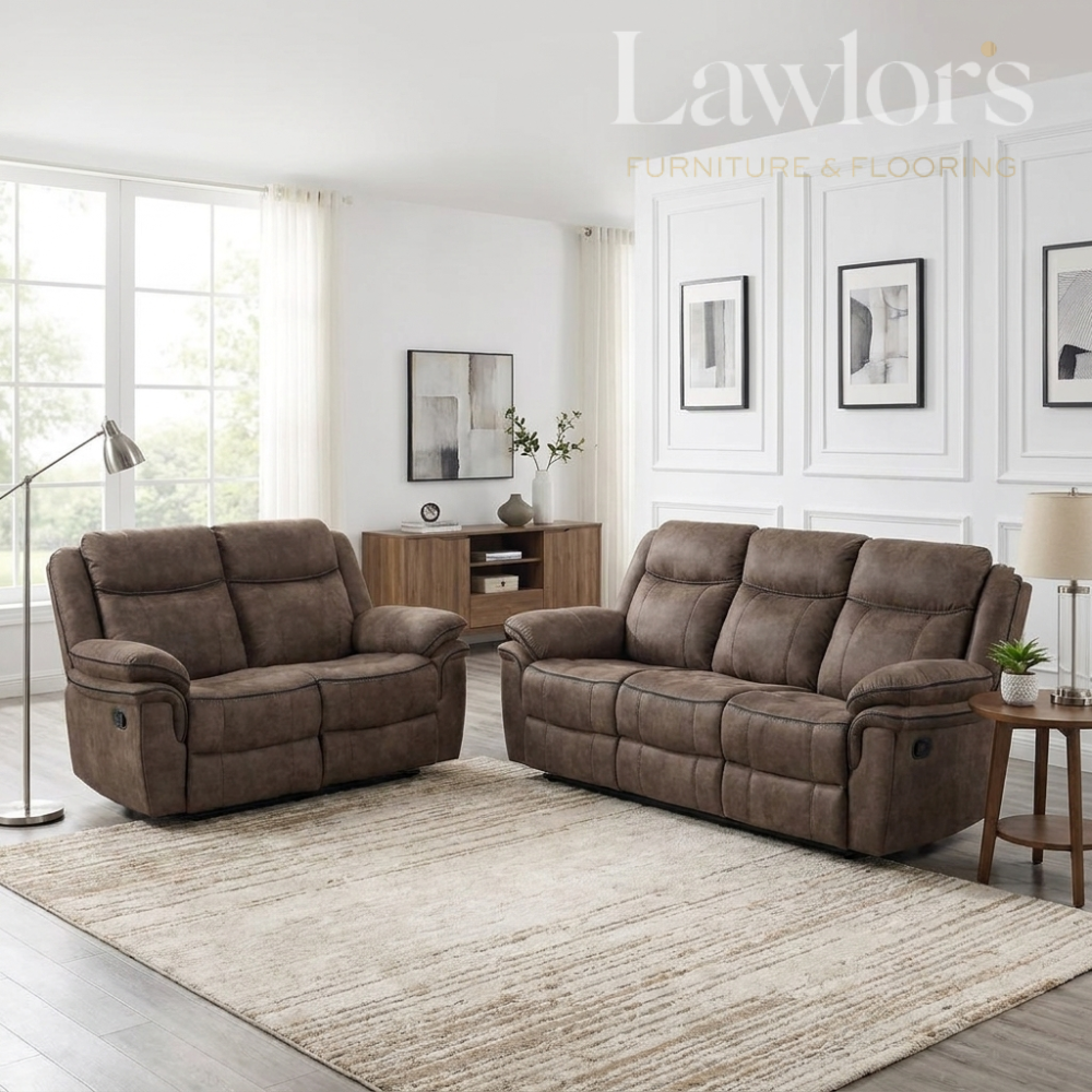 Brown 3+2 reclining sofa set in a living room