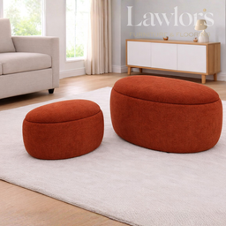 Two orange ottomans in a living room setting