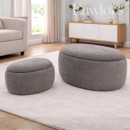 Grey storage ottoman in a modern living room