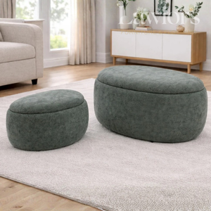 Two green ottomans in a living room setting with a couch and cabinet in the background.