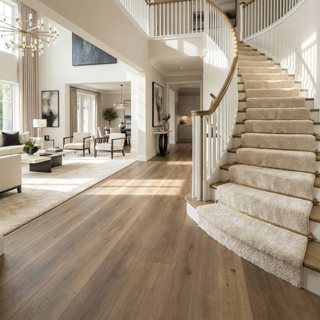 Staircase in a modern living room with laminate and carpet flooring and white walls