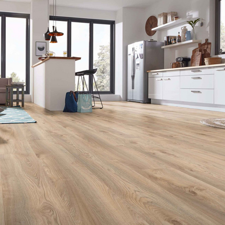 AC5 rated Marco Oak Beige Laminate Flooring with embossed finish, 5G click system and underfloor heating compatible for water based flooring.