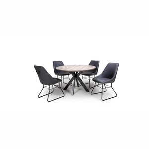 The Malin Extending Round Table in Grey features a wood-effect top ensuring heat, stain, and scratch resistance