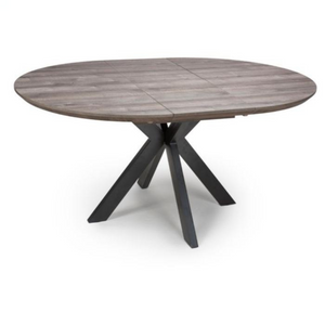 The Malin Extending Round Table in Grey features a wood-effect top ensuring heat, stain, and scratch resistance