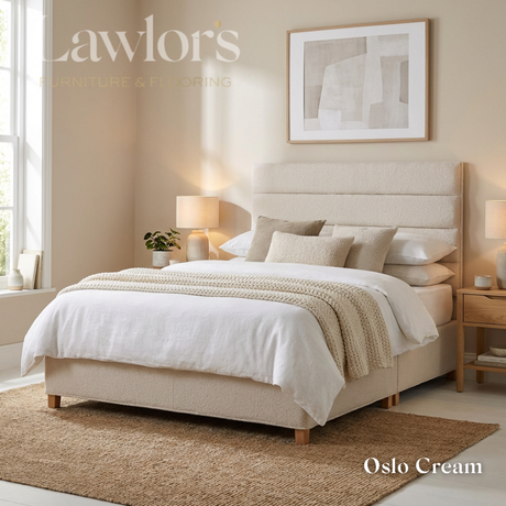 The Platinum Fabric Headboard and Manor Divan features horizontal panel design, tucked detail, custom fabric, colour & size options, to compliment any bed style