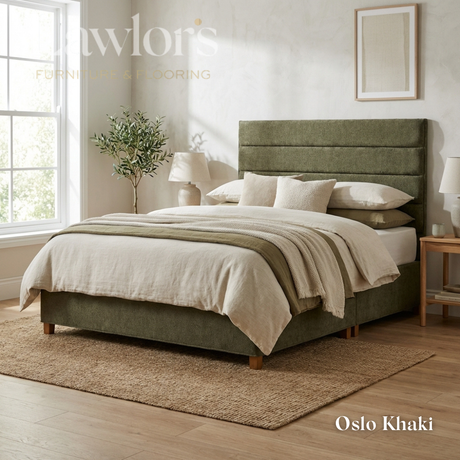 The Platinum Fabric Headboard and Manor Divan features horizontal panel design, tucked detail, custom fabric, colour & size options, to compliment any bed style