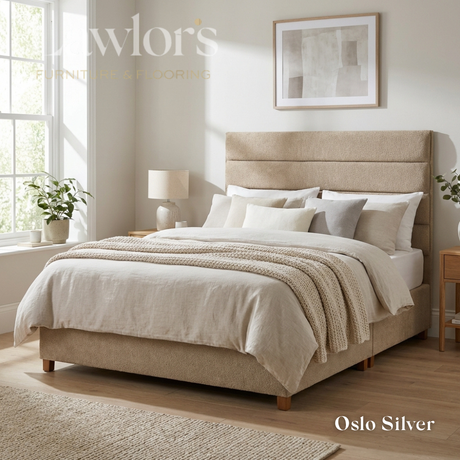 The Platinum Fabric Headboard and Manor Divan features horizontal panel design, tucked detail, custom fabric, colour & size options, to compliment any bed style