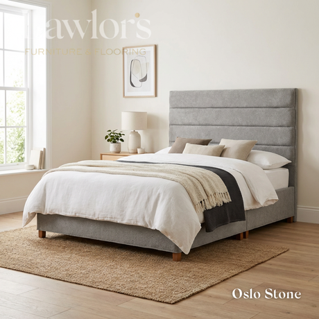 The Platinum Fabric Headboard and Manor Divan features horizontal panel design, tucked detail, custom fabric, colour & size options, to compliment any bed style