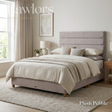 The Platinum Fabric Headboard and Manor Divan features horizontal panel design, tucked detail, custom fabric, colour & size options, to compliment any bed style