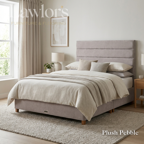 The Platinum Fabric Headboard and Manor Divan features horizontal panel design, tucked detail, custom fabric, colour & size options, to compliment any bed style