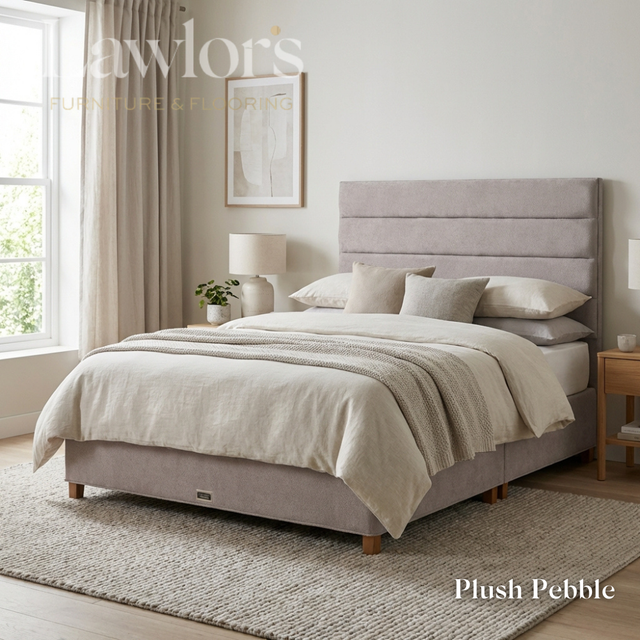 The Platinum Fabric Headboard and Manor Divan features horizontal panel design, tucked detail, custom fabric, colour & size options, to compliment any bed style