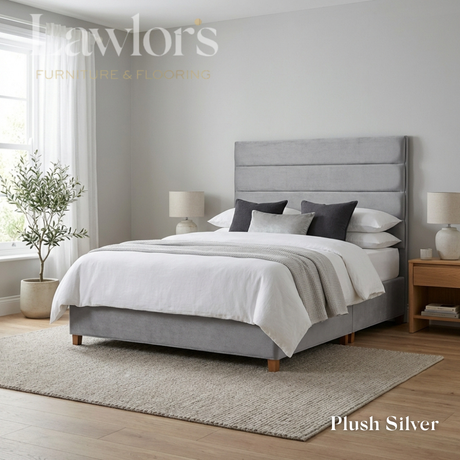 The Platinum Fabric Headboard and Manor Divan features horizontal panel design, tucked detail, custom fabric, colour & size options, to compliment any bed style