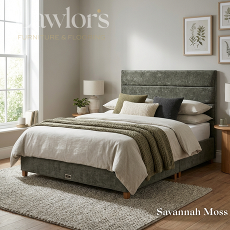 The Platinum Fabric Headboard and Manor Divan features horizontal panel design, tucked detail, custom fabric, colour & size options, to compliment any bed style