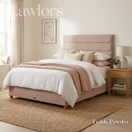 The Platinum Fabric Headboard and Manor Divan features horizontal panel design, tucked detail, custom fabric, colour & size options, to compliment any bed style