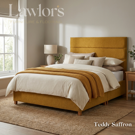 The Platinum Fabric Headboard and Manor Divan features horizontal panel design, tucked detail, custom fabric, colour & size options, to compliment any bed style