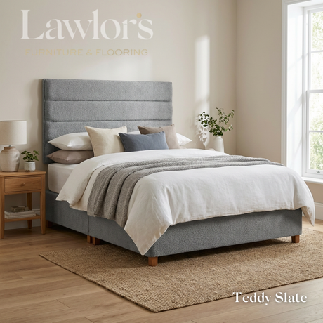 The Platinum Fabric Headboard and Manor Divan features horizontal panel design, tucked detail, custom fabric, colour & size options, to compliment any bed style