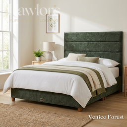 The Platinum Fabric Headboard and Manor Divan features horizontal panel design, tucked detail, custom fabric, colour & size options, to compliment any bed style