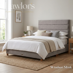 The Platinum Fabric Headboard and Manor Divan features horizontal panel design, tucked detail, custom fabric, colour & size options, to compliment any bed style