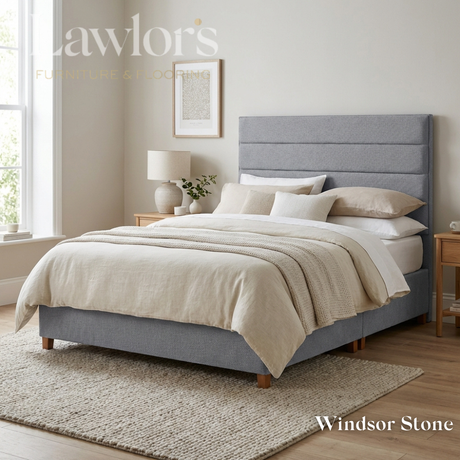 The Platinum Fabric Headboard and Manor Divan features horizontal panel design, tucked detail, custom fabric, colour & size options, to compliment any bed style