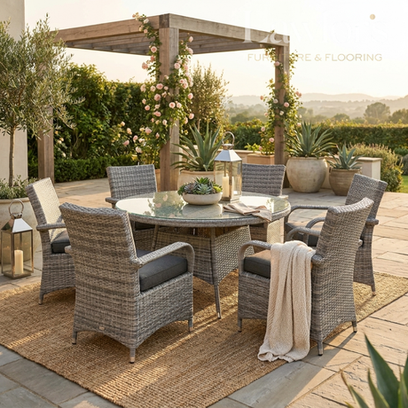 Outdoor patio set with garden furniture set on a wooden deck, featuring plants and a pergola.