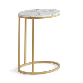 The Marmora Oval Side Table - Gold Base & White Marble features C-shaped design, gold steel frame, white marble top