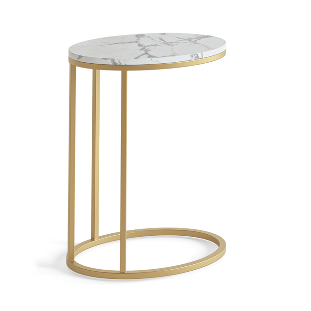 The Marmora Oval Side Table - Gold Base & White Marble features C-shaped design, gold steel frame, white marble top