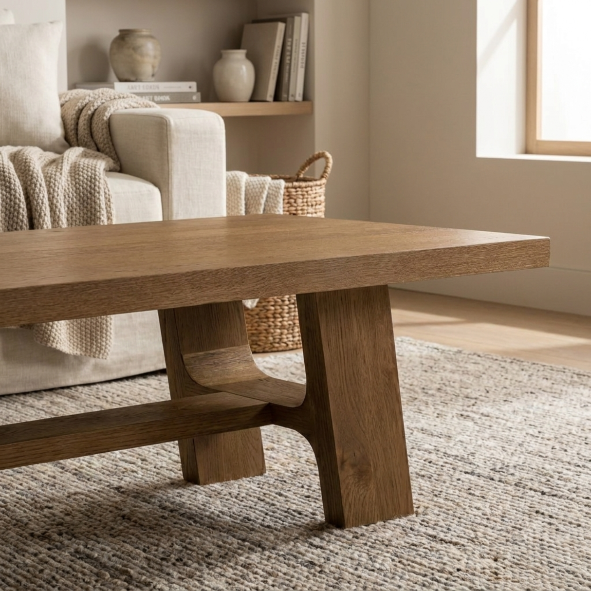 Wooden dining table in a room with a sofa and decorative items.