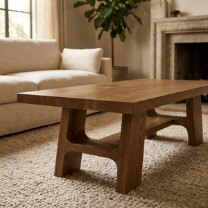 Wooden coffee table in a living room with a beige sofa and fireplace.