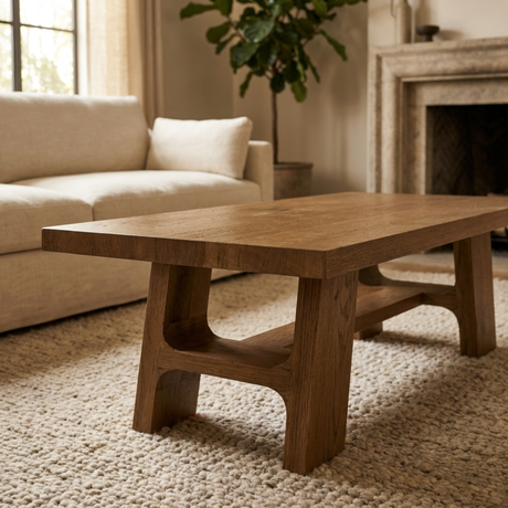 Wooden coffee table in a living room with a beige sofa and fireplace.