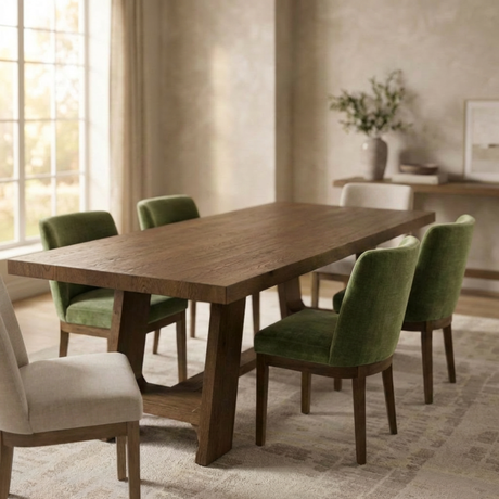 Green and White dining chairs around a dining table